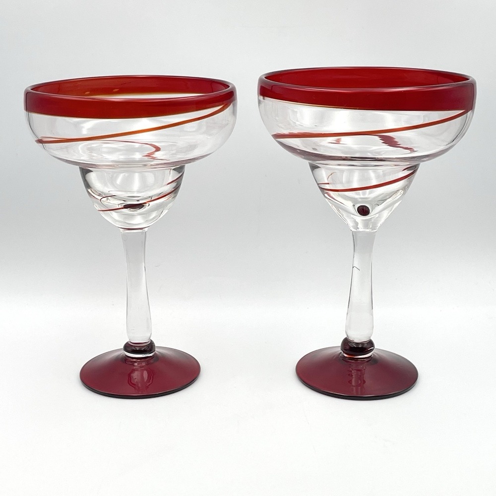 Pair Hand Blown Red Swirl Margarita Glasses 8" Heavy Art Glass Set of‎ 2